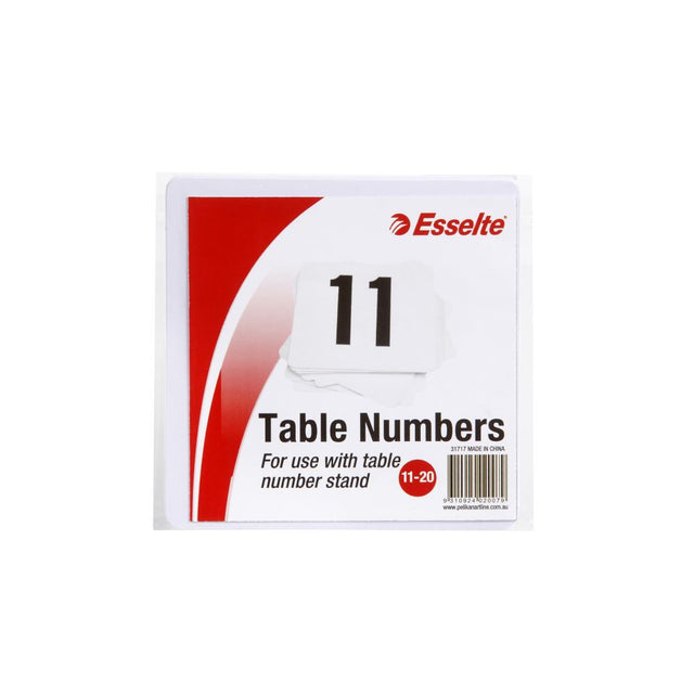 Esselte white table numbers 11-20, double-sided, 10cm x 10cm, perfect for organizing events and guiding guests.