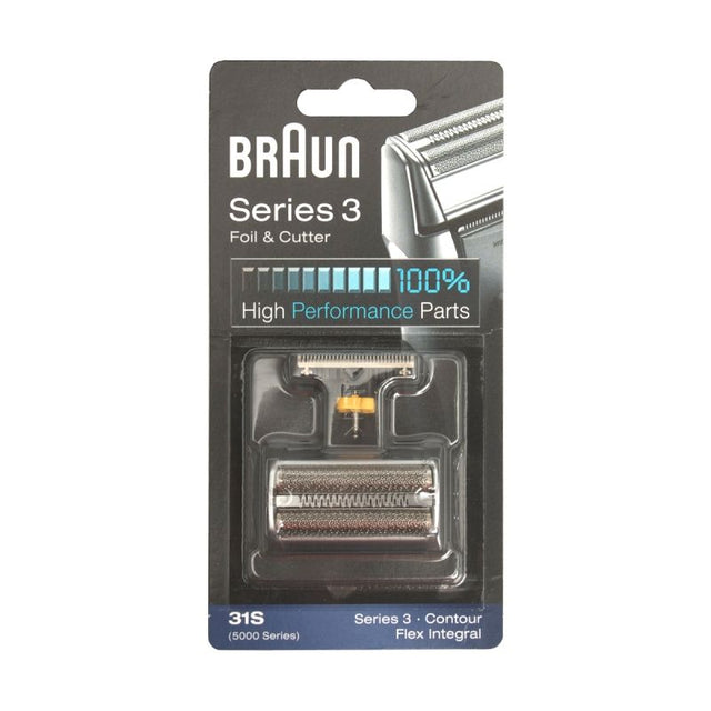 Genuine Braun 31S foil and cutter set in silver for Series 5, 6, and 7 shavers, ensuring a smooth, hygienic shave.