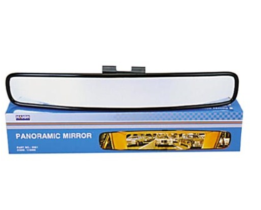 Panoramic rear view mirror offering enhanced visibility, eliminates blind spots, and easily installs over existing mirrors.