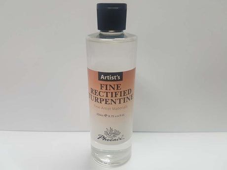 Bottle of PHOENIX FINE TURPENTINE 250ml, premium artist-grade dilutent for oil paints, enhancing fluidity and color vibrancy.