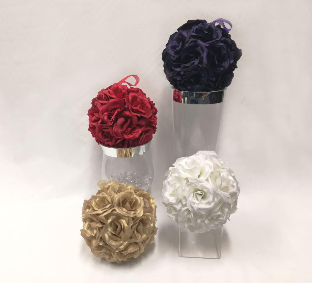 Elegant 20cm white silk rose ball with realistic flowers, perfect for weddings and home décor, featuring a looped hanging ribbon.