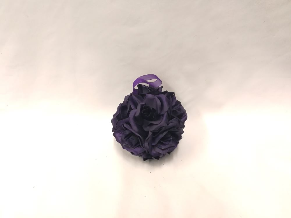 Purple silk rose ball, 15cm in size, perfect for weddings and celebrations, featuring a looped ribbon for easy hanging.