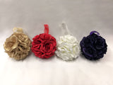 Purple 15cm silk rose ball decoration with looped ribbon, ideal for weddings and special occasions.