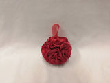 Elegant 15cm red silk rose ball with looped ribbon, perfect for weddings and festive decorations.