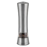 Brushed stainless steel electronic mill with one-handed operation, LED light, and adjustable ceramic grind for salt/pepper.