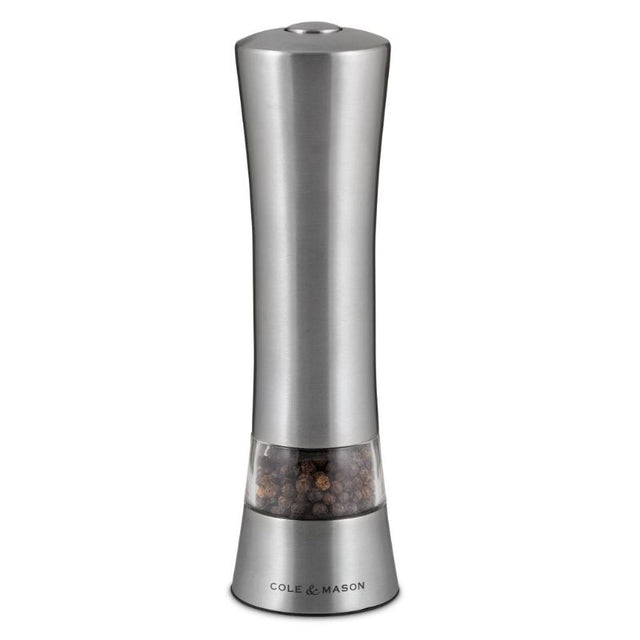 Brushed stainless steel electronic mill with one-handed operation, LED light, and adjustable ceramic grind for salt/pepper.