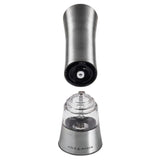 Brushed stainless steel electronic mill with LED light for quick seasoning and adjustable grind, 19.5cm tall.