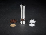Brushed stainless steel electronic mill with one-handed operation, LED light, and adjustable grind for salt or pepper.