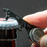 Compact multitool with 7 functions including bottle opener and screwdriver, designed for everyday carry and convenience.