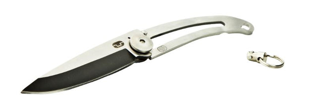 Compact stainless steel folding knife with keyring, safety lock, and weatherproof box. Perfect for everyday carry.