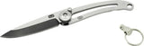 Compact stainless steel folding knife with keyring, featuring a black coated blade and secure locking mechanism.