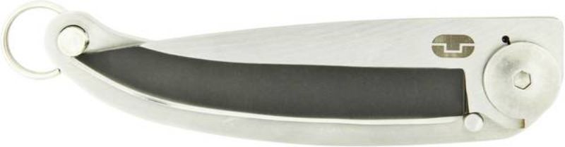 Compact stainless steel folding knife with key ring, featuring a black coated blade and safety lock for secure use.