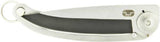 Compact stainless steel folding knife with key ring, featuring a black coated blade and safety lock for secure use.