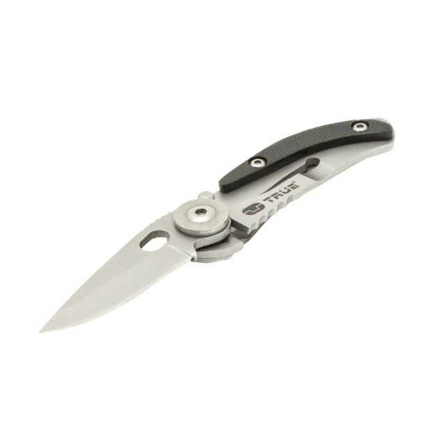 Lightweight silver and black folding knife with a skeletal design, enabling one-handed operation and easy carry options.