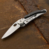 Lightweight Skeletonknife with sleek silver and black design, features one-handed operation and sturdy pocket clip for easy carry.