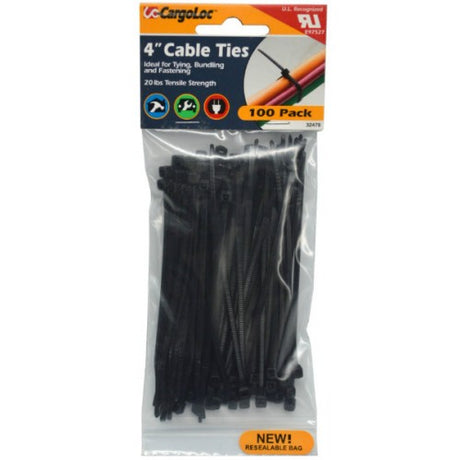 CargoLoc 4" black cable ties, 100-pack, 18 lbs tensile strength for reliable bundling in home or industrial use.