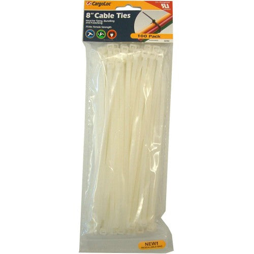 Natural 8" CargoLoc cable ties in pack of 100, featuring 50lbs tensile strength for secure bundling and organization.