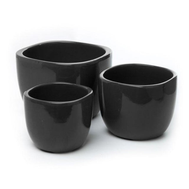 Ceramic Monaco Square Round Set of 3 black planters in various sizes, perfect for elegant indoor or outdoor decor.