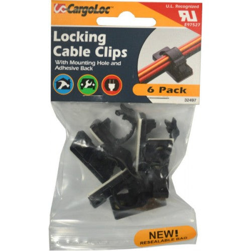 Cargoloc Locking Cable Clips in black, 6-pack, featuring adhesive backs and screw mounts for effective cable management.