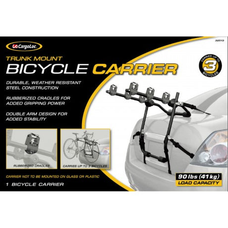 Durable trunk-mounted bike carrier for 3 bikes, featuring weather-resistant steel and rubberized cradles for secure transport.