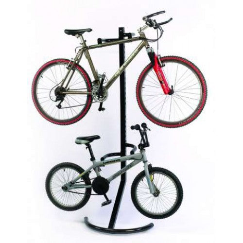 Bicycle Gravity Stand for 2 bikes, vertical storage with adjustable arms, sturdy steel construction, no hardware needed.