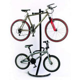 Bicycle Gravity Stand for 2 bikes, vertical storage with adjustable arms, sturdy steel construction, no hardware needed.