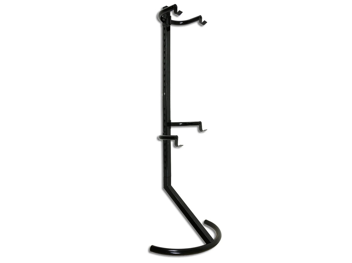 Bicycle Gravity Stand for 2 bikes, epoxy-coated steel, adjustable arms, easy setup, protects bike finishes, space-saving solution.