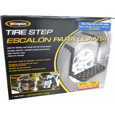 Durable foldable tire step for SUVs and trucks, supporting 250lbs for safe vehicle maintenance and easy storage.