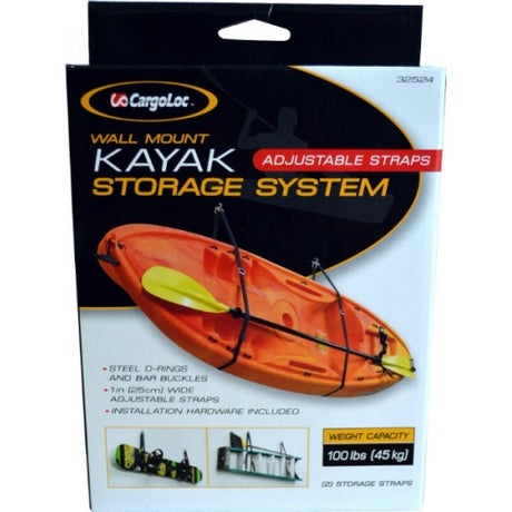 Wall-mounted kayak storage system with adjustable strap, 42kg capacity, steel D-rings, and easy installation hardware.