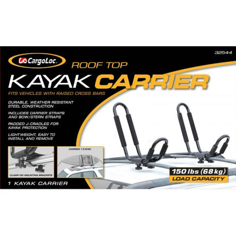 Durable Cargoloc #32544 kayak carrier for rooftop transport, featuring adjustable straps and foam pads for kayak protection.