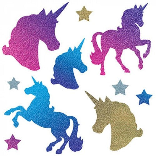 Colorful holographic unicorn cutouts in assorted designs, perfect for decorations, pack of 16, sizes 6cm to 34cm.