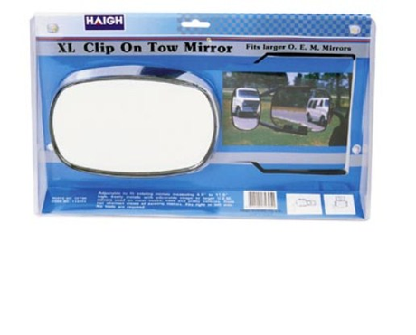 Large strap-on towing mirror providing wider visibility and safety for caravans; easy clip-on installation, fits all side mirrors.