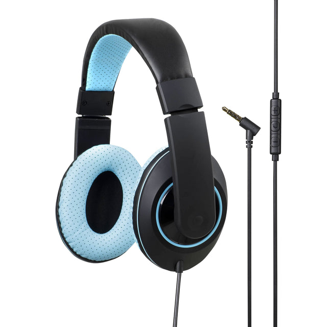 Kensington over-ear headphones in blue with inline mic, volume control, soft ear pads, and 40mm drivers for immersive sound.