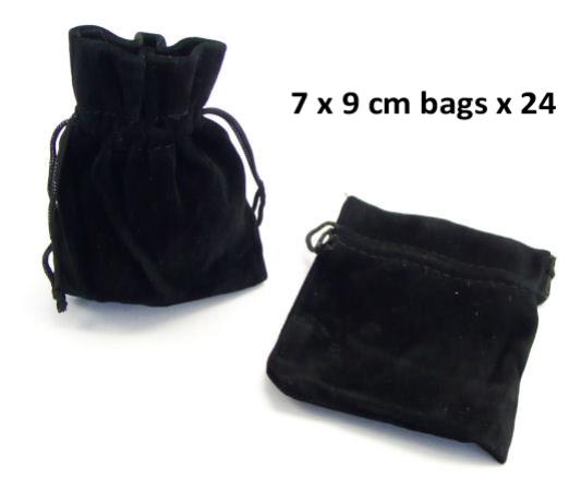 Set of 24 black felt drawstring pouches, 7x9cm, ideal for gifting, organization, and stylish packaging of small items.