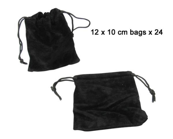 Elegant black velvet gift bags, 12 x 10 cm each, pack of 24, perfect for jewelry and special gifts with a drawstring closure.