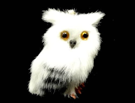 Small white owl ornament with stripes, perfect for festive decor or as a whimsical gift for owl lovers.