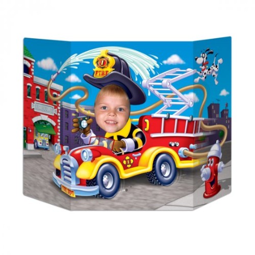 Cardboard fire truck photo prop, 94cm x 64cm, perfect for firefighter-themed photography.