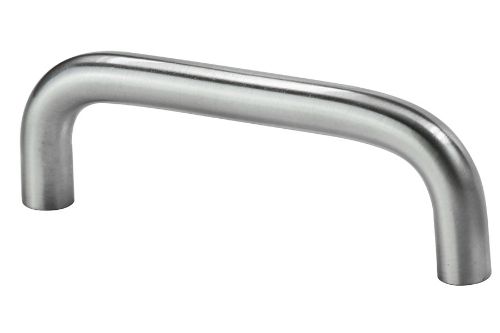 Satin nickel D-handle with 76mm centers, durable zinc material, stylish for modern cupboard doors and furniture.