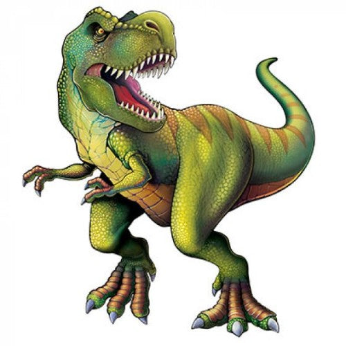 Cardboard cutout of 1.3m T-Rex dinosaur, sold in a pack of 16 for decorations or events.