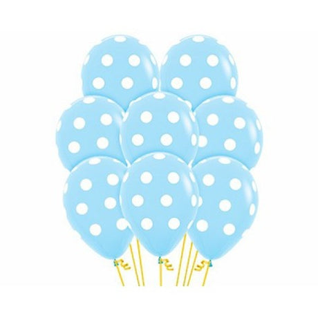 Light blue latex balloons with polka dots, 12-pack, perfect for parties and celebrations, measuring 30cm each.