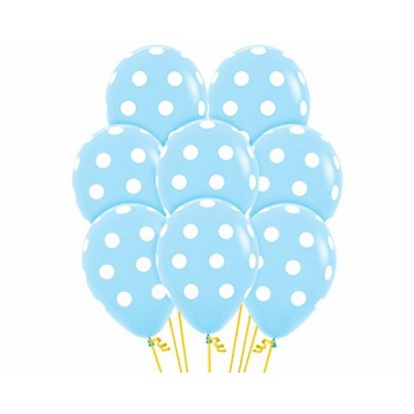 Light blue latex balloons with polka dots, 12-pack, perfect for parties and celebrations, measuring 30cm each.