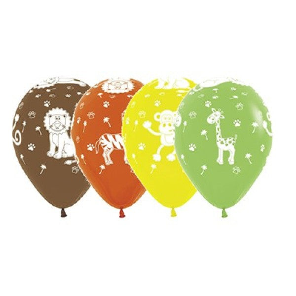 Colorful latex balloons featuring jungle animal prints, perfect for kids' parties and themed events, available in a 12 pack.