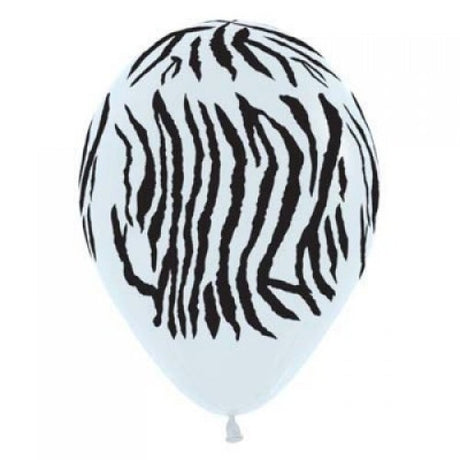 12-pack of black and white zebra print latex balloons, ideal for themed parties and festive decorations, each 30cm in size.