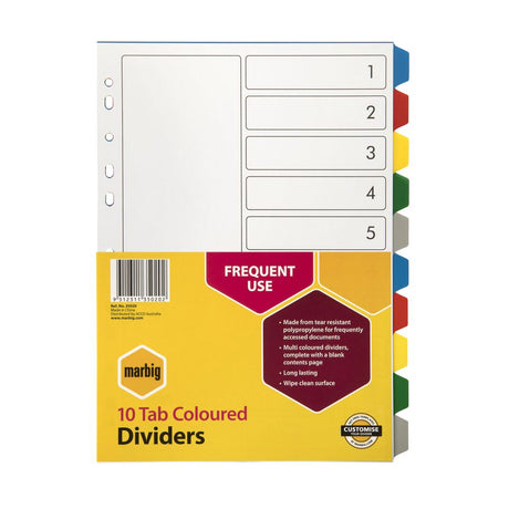 Multicoloured Marbig A4 dividers with blank tabs, made of durable polypropylene for efficient document organization.