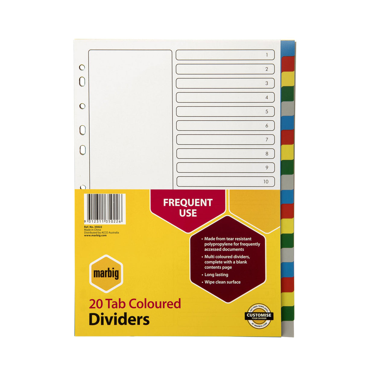 Multi-coloured polypropylene A4 dividers with 20 tabs for easy document organization and customization.