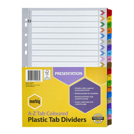 Colorful A-Z dividers made of reinforced board, featuring plastic tabs and a matching contents page for effective document organization.