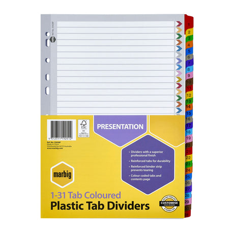 Marbig A4 dividers in vibrant colors, featuring reinforced manilla board and pre-printed tabs for efficient document organization.