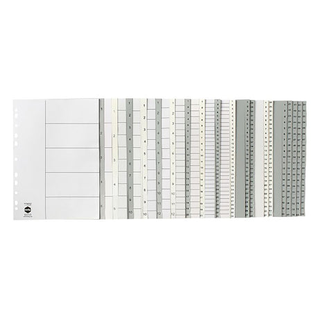 Grey polypropylene A4 indices with 1-12 tabs, waterproof, durable, and ideal for organized filing in binders.