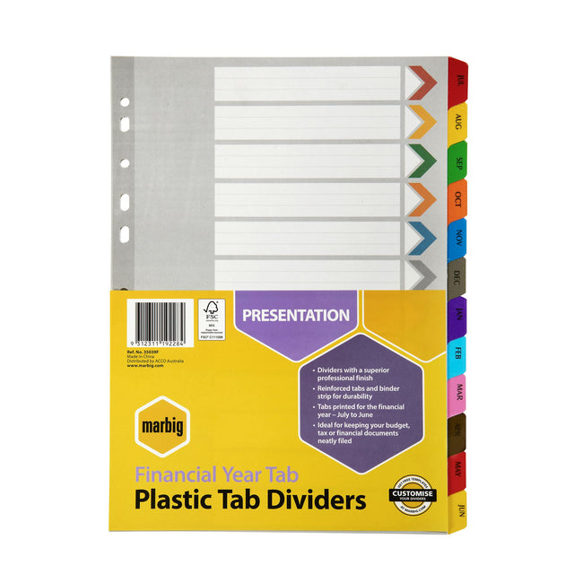 Marbig A4 dividers with reinforced board, color-coded tabs, and printed contents for easy organization and indexing.