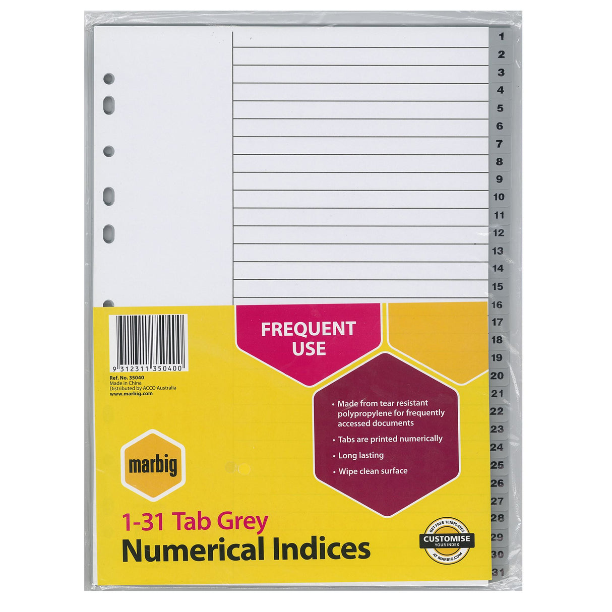 Durable grey polypropylene A4 index tabs numbered 1-31 for efficient organization in binders, waterproof and easy to clean.